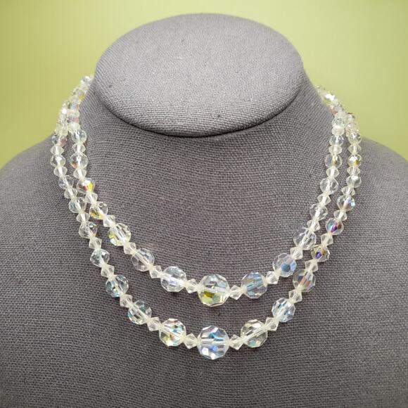 Vintage 1950s Aurora Borealis Crystal Beaded Necklace, Double Strand, 16 Inches - Picture 1 of 10